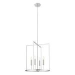 Pendant viewed from side angle emphasizing tall, narrow cylindrical shape and chrome finish