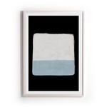 Abstract painting with black background, white upper rectangle, and cool blue lower rectangle in whitewashed maple frame