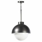 Modern pendant light with curved black metal shade and large opal glass globe diffuser