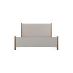 Warren Bed with four-post rubberwood frame in midtone brown and a plush beige upholstered headboard