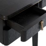 Open drawer revealing smooth interior and soft-closing glide mechanism in dark wood