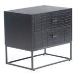 Atelier nightstand shown from a right angled front view highlighting side panel and drawer texture