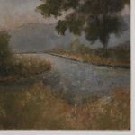 Close-up on winding river and surrounding brush with visible rough canvas texture