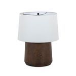 Daxton Table Lamp with a classic smooth silhouette, burl wood base in warm brown and a white fabric drum shade
