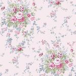 pink wallpaper with rambling rose bouquets in pinks, soft sages, and faded antique floral design