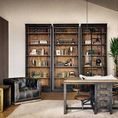 Interior close-up of reclaimed pine shelves with iron pipe supports and black frame texture of Ivy Bookcase