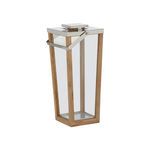 Lanai teak and glass hurricane candle holder with polished nickel top and handle, tall rectangular shape