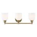 Melrose 3-light bath vanity bar with warm brass finish and three white opal glass shades in classic Americana style
