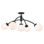 Redfield 5-light semi-flush mount with matte black curved arms and white strie glass orbs
