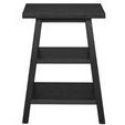 Modern farmhouse square end table with angled legs and two shelves in black wood finish