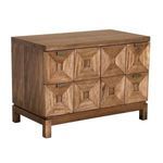 Side angle showcasing the depth and wood grain texture of the Musashi Walnut console table's drawers and base.