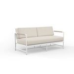 Sabbia Loveseat outdoor sofa with satin white aluminum frame and natural colored all-weather rope, beige cushioned seating