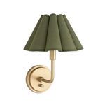 Polly wall sconce with single green scalloped fabric shade and natural brass curved arm and round backplate