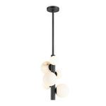 Vertical pendant in black suspended from ceiling with alabaster orbs clustered on one side