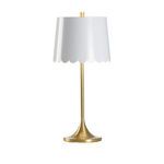 White scalloped tole shade table lamp with slender brass stem and round base