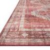 Close-up of rug corner showing low pile and faded geometric patterns with red border on wood floor