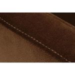Close crop of left armrest textile stitching showcasing brown velvet upholstery