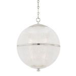 Large spherical pendant light with textured clear glass and metal band around the middle, hanging from a chain