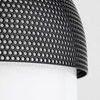 Macro detail of black perforated metal dome showing circular holes and white glass globe edge