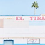Close-up crop of photograph showing blue garage door, partial signage, and palm tree against clear sky