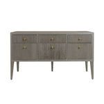 Palmer Fluted Six Drawer Buffet in solid oak with gray finish and gold knobs, featuring fluted drawer fronts and tapered legs
