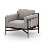 Hearst Outdoor Chair in dark bronze aluminum frame with textured ash gray cushions and ivory strapping detail