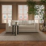 Kiran sleeper sofa staged in room with round metal side table and neutral rug