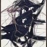 abstract painting with black and dark purple angular strokes intertwined with thin gold lines on a white background