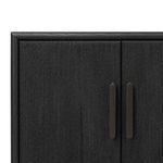 Close-up of woven paper cord texture on the cabinet doors with vertical black handles