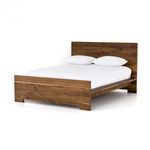 Dark smoked oak king bed with clean lines, solid wood panels, and natural streak-like grain patterns