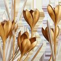 Close-up of gold leaf crocus-shaped light blossoms and silver leaf linear leaves on the chandelier