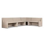 Banquette in beige rattan with crisp white seat cushions styled indoors