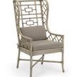 Asian inspired rattan wing chair with gray finish and nubby gray velour seat and back cushions