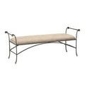 Mabel Bench angled view showing curved stretchers arching toward the padded woven brown seat