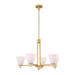 Kohlman chandelier showing lit shades from side angle with visible travertine details
