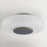 Side view of the ceiling light showing the round etched glass shade and black nickel center plate
