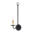 Saxon sconce side angle showing full length slim arm and round wall plate with lit bulb