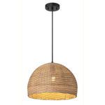Pendant light lit with warm illumination visible through woven shade’s bottom opening
