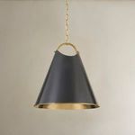 Pendant light shown in room context against a neutral wall, hanging from brass chain