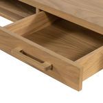 Open drawer close-up showing smooth oak wood grain inside Armstrong Desk drawer