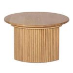 Back view showing full circumference of vertical fluted oak legs supporting the round tabletop