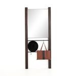 Front view of Beldon Entry Mirror with black hat and brown tote bag hanging from hooks