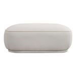 Marion Square Ottoman in light neutral fabric with plump curved sides, detailed piping, and recessed floating base