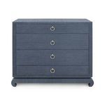 Front view of navy blue textured Ming Large 4-Drawer Dresser showing four round gold metal ring pulls.