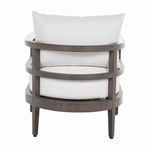 Rear view emphasizing curved wood frame and thick white cushions wrapping around back