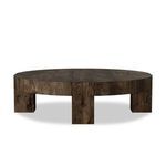 Round coffee table front view highlighting dark wormwood-inspired rustic finish
