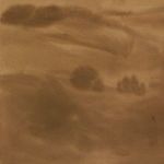 Close-up of a different section showing subtle tree silhouettes and rolling hills in painting.