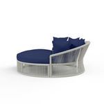 Side view showing angled rope frame and cushion depth of Miami Daybed with navy blue cushions