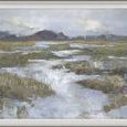 Serene And Green painting of a marshland with lush grasses and reflective water under a cloudy sky in soft muted tones