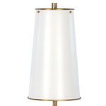 Close-up front view of tall white tapered metal lampshade with brass rim